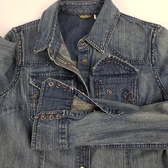Eddie Bauer XSP Blue Denim Shirt Jacket Snaps Pockets Embroidery Womens Petite - Picture 8 of 16